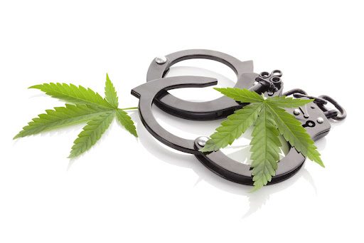 Leaves of Marijuana law atop handcuffs.